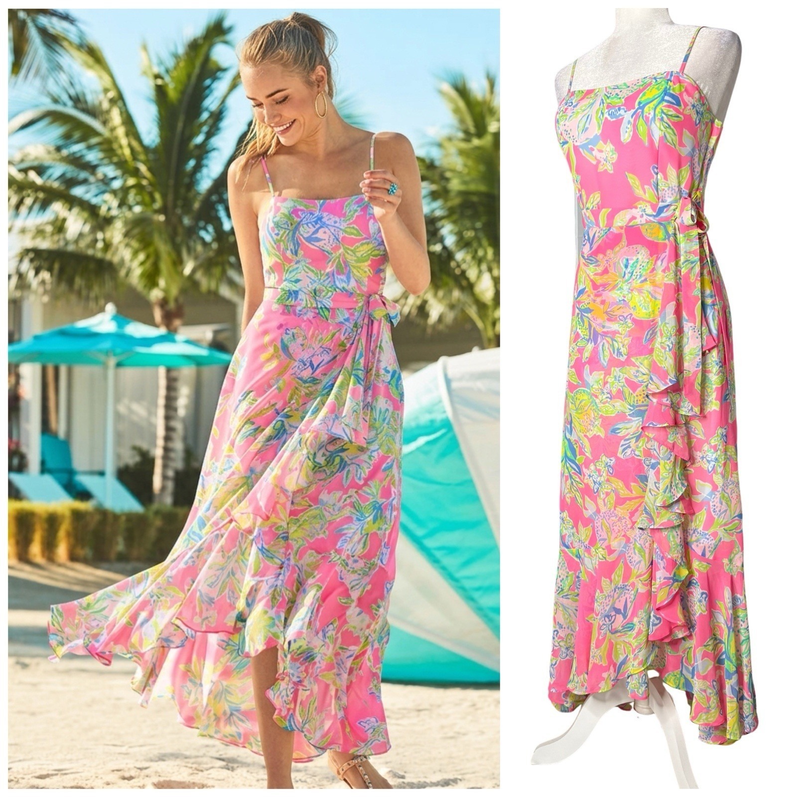 Nwot Lilly Pulitzer 4 Anni Maxi Wrap Long Dress Squeeze The Day Pink Fit & Flare